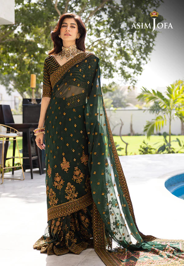 Chiffon Saree 3 Pcs Stitched - Emerald Green