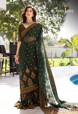 Chiffon Saree 3 Pcs Stitched - Emerald Green