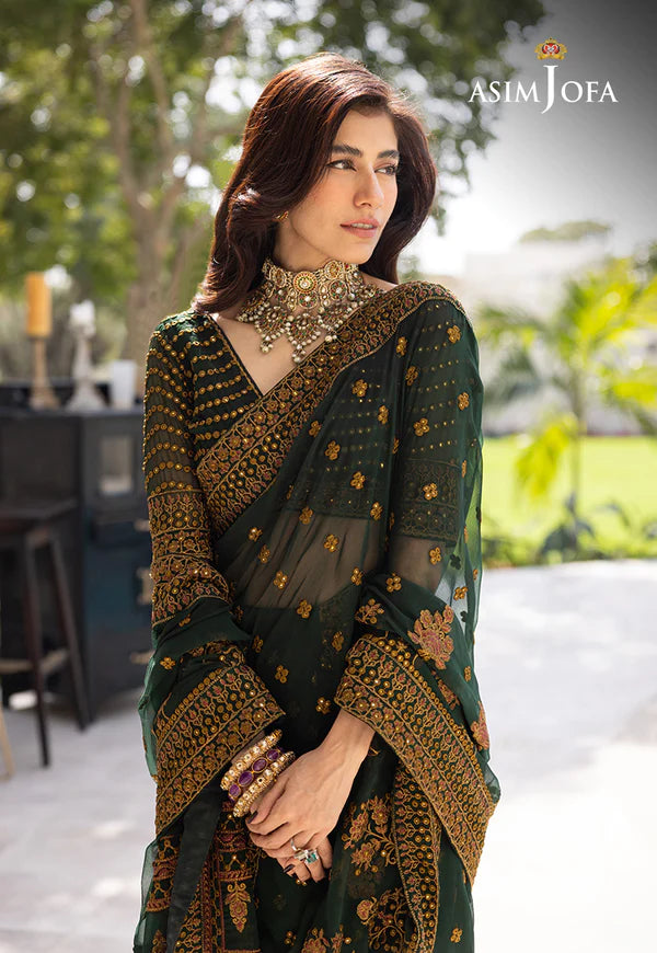 Chiffon Saree 3 Pcs Stitched - Emerald Green