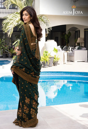 Chiffon Saree 3 Pcs Stitched - Emerald Green