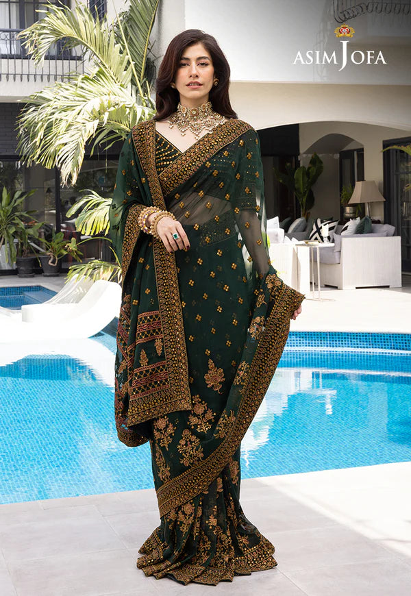 Chiffon Saree 3 Pcs Stitched - Emerald Green