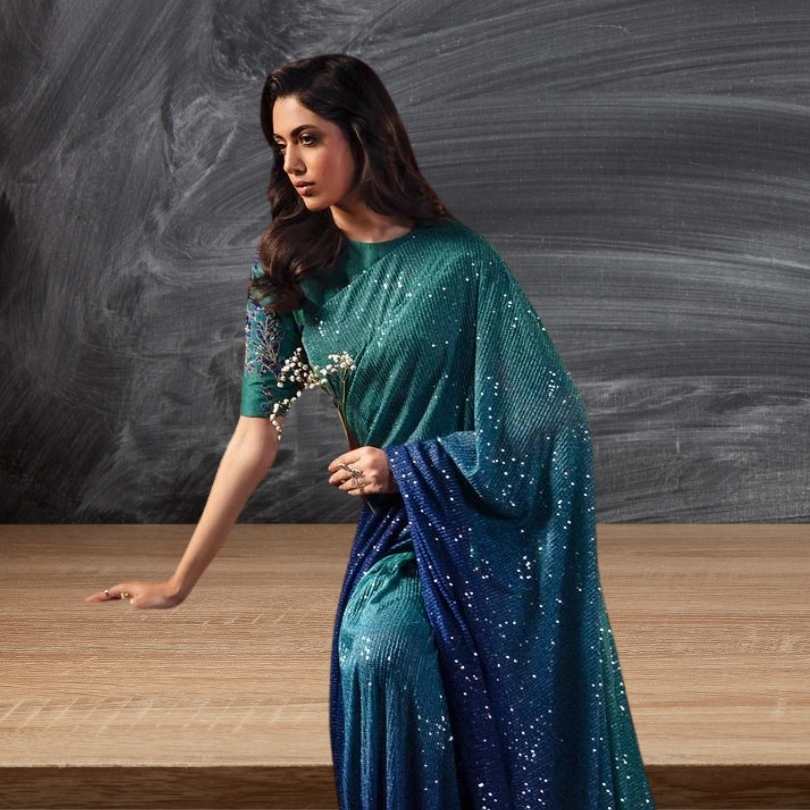Embroidered Net Saree - Blueish  Green FKO-RNS-0124