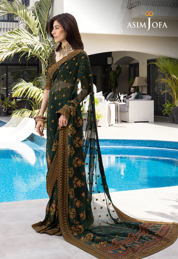 Chiffon Saree 3 Pcs Stitched - Emerald Green