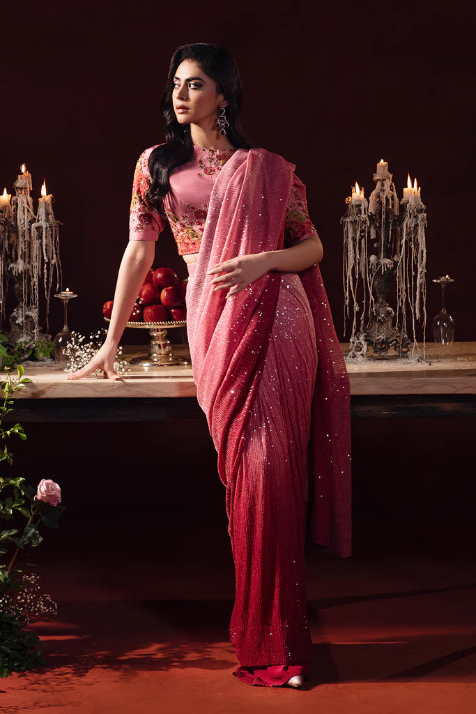 Embroidered Net Saree Tie & Dye - Pink FKO-RNS-0224
