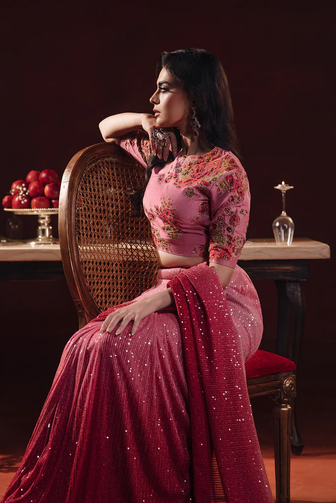 Embroidered Net Saree Tie & Dye - Pink FKO-RNS-0224