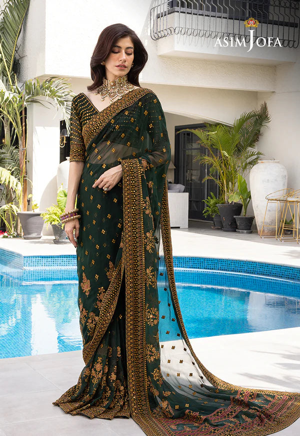 Chiffon Saree 3 Pcs Stitched - Emerald Green
