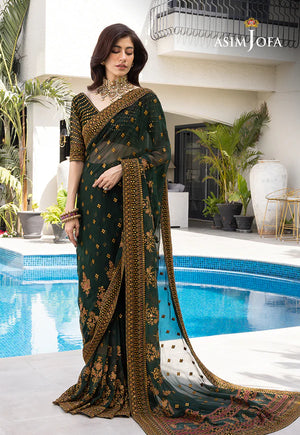 Chiffon Saree 3 Pcs Stitched - Emerald Green