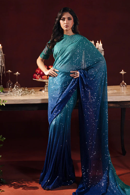 Embroidered Net Saree - Blueish  Green FKO-RNS-0124