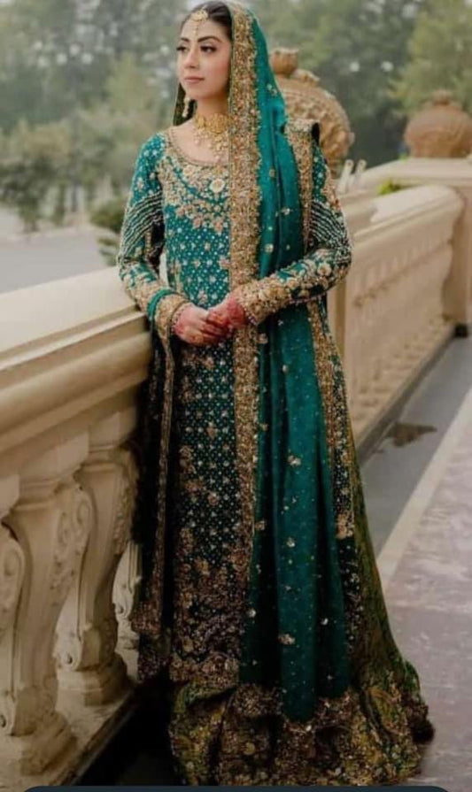 Long Shirt & Sharara In Deep Green with Stunning Gold Handwork  FKO-DGB6A