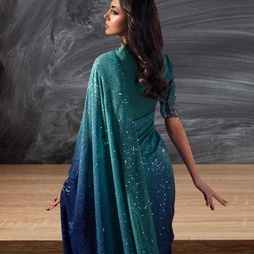 Embroidered Net Saree - Blueish  Green FKO-RNS-0124
