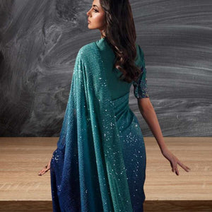 Embroidered Net Saree - Blueish  Green FKO-RNS-0124