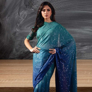 Embroidered Net Saree - Blueish  Green FKO-RNS-0124