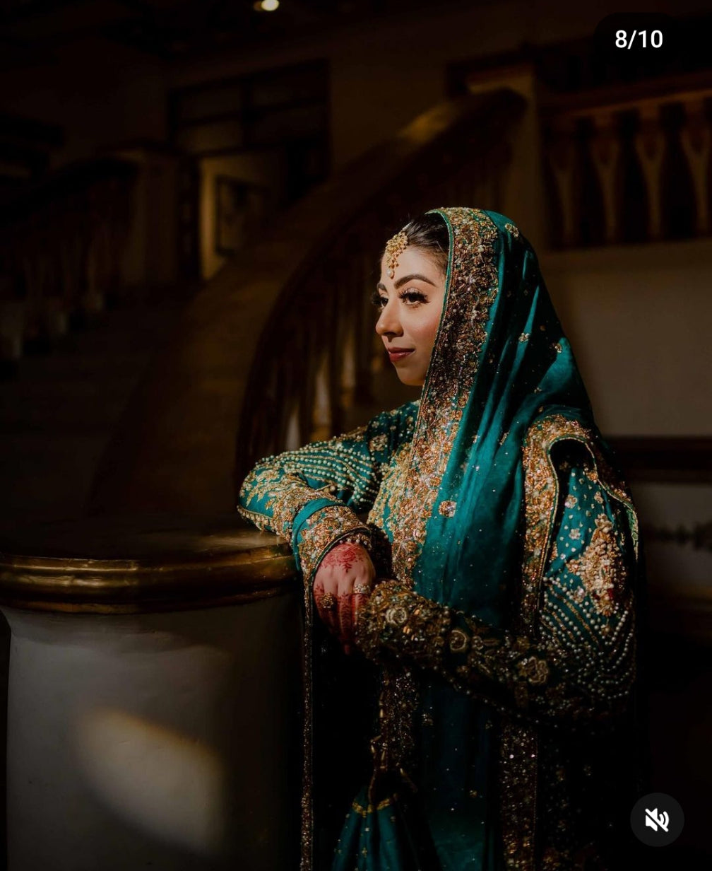 Long Shirt & Sharara In Deep Green with Stunning Gold Handwork  FKO-DGB6A