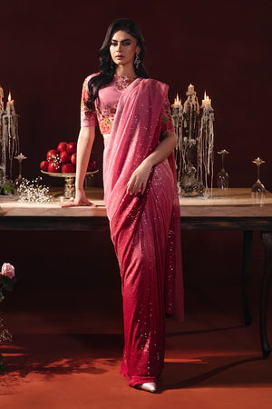 Embroidered Net Saree Tie & Dye - Pink FKO-RNS-0224
