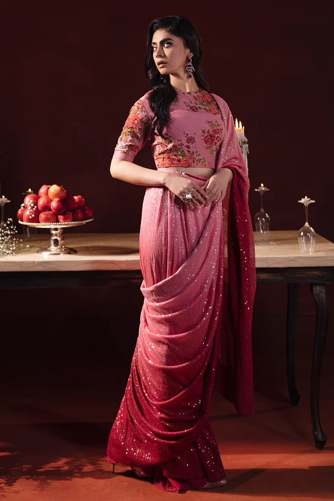 Embroidered Net Saree Tie & Dye - Pink FKO-RNS-0224
