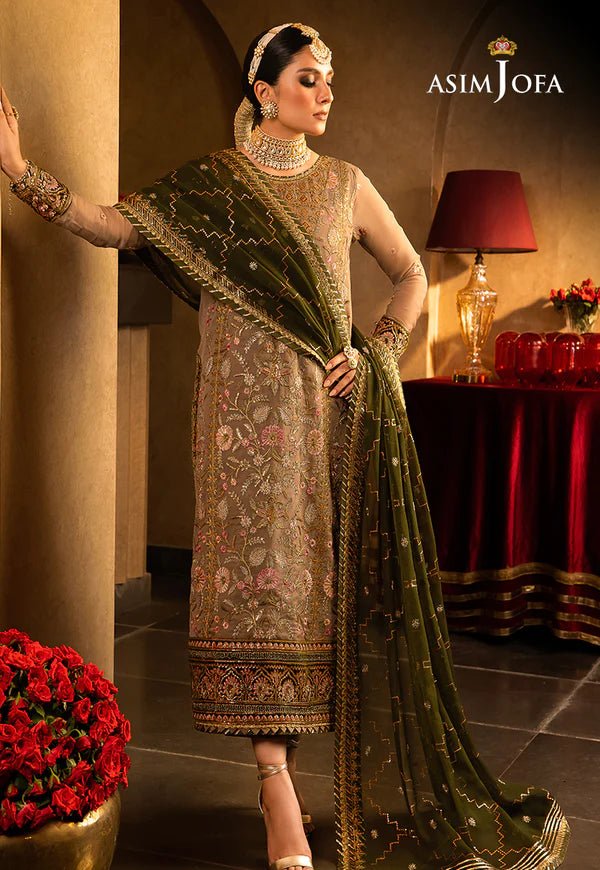 Velvet Beige Gold With Olive Green Dupatta AJVF-05