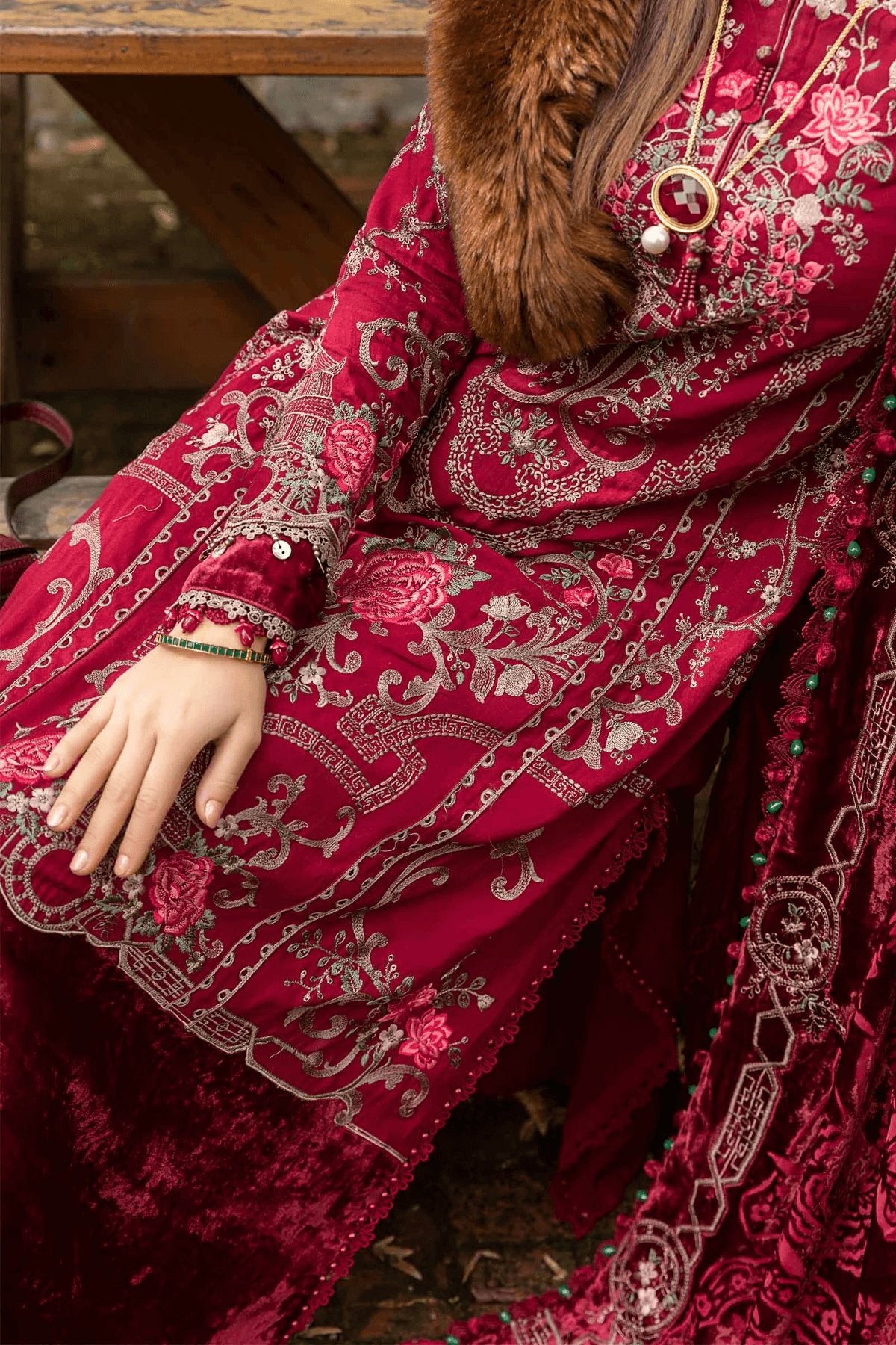 Twill Linen Deep Pink Embroidered shirt and shawl