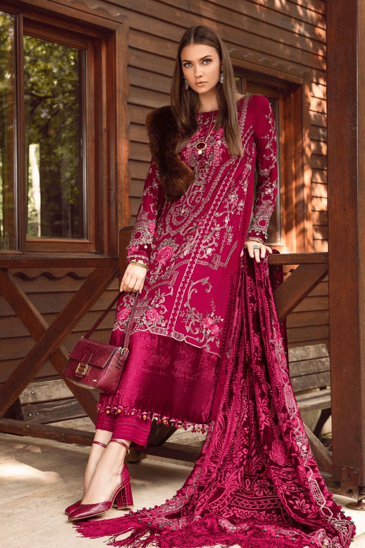 Twill Linen Deep Pink Embroidered shirt and shawl