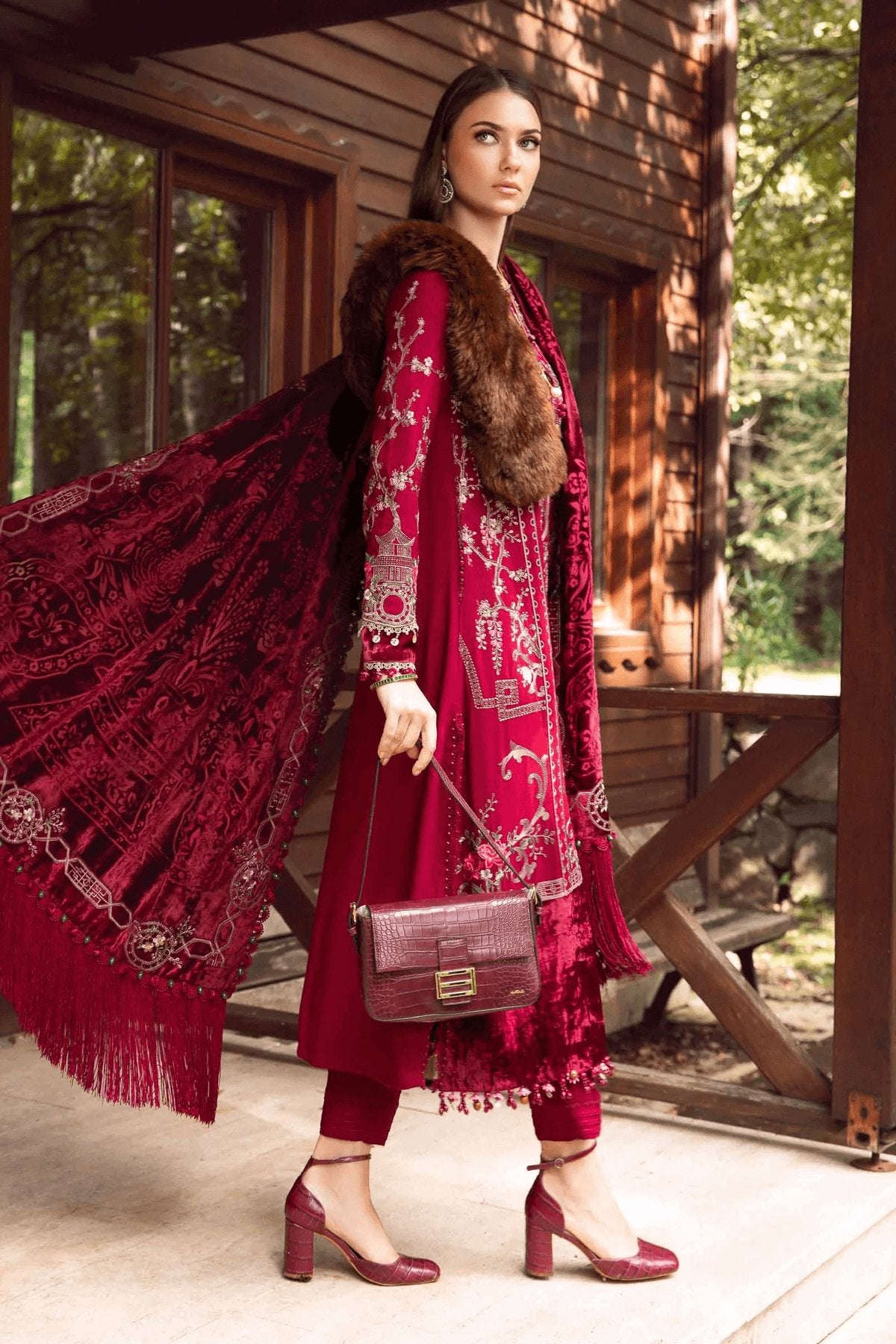 Twill Linen Deep Pink Embroidered shirt and shawl