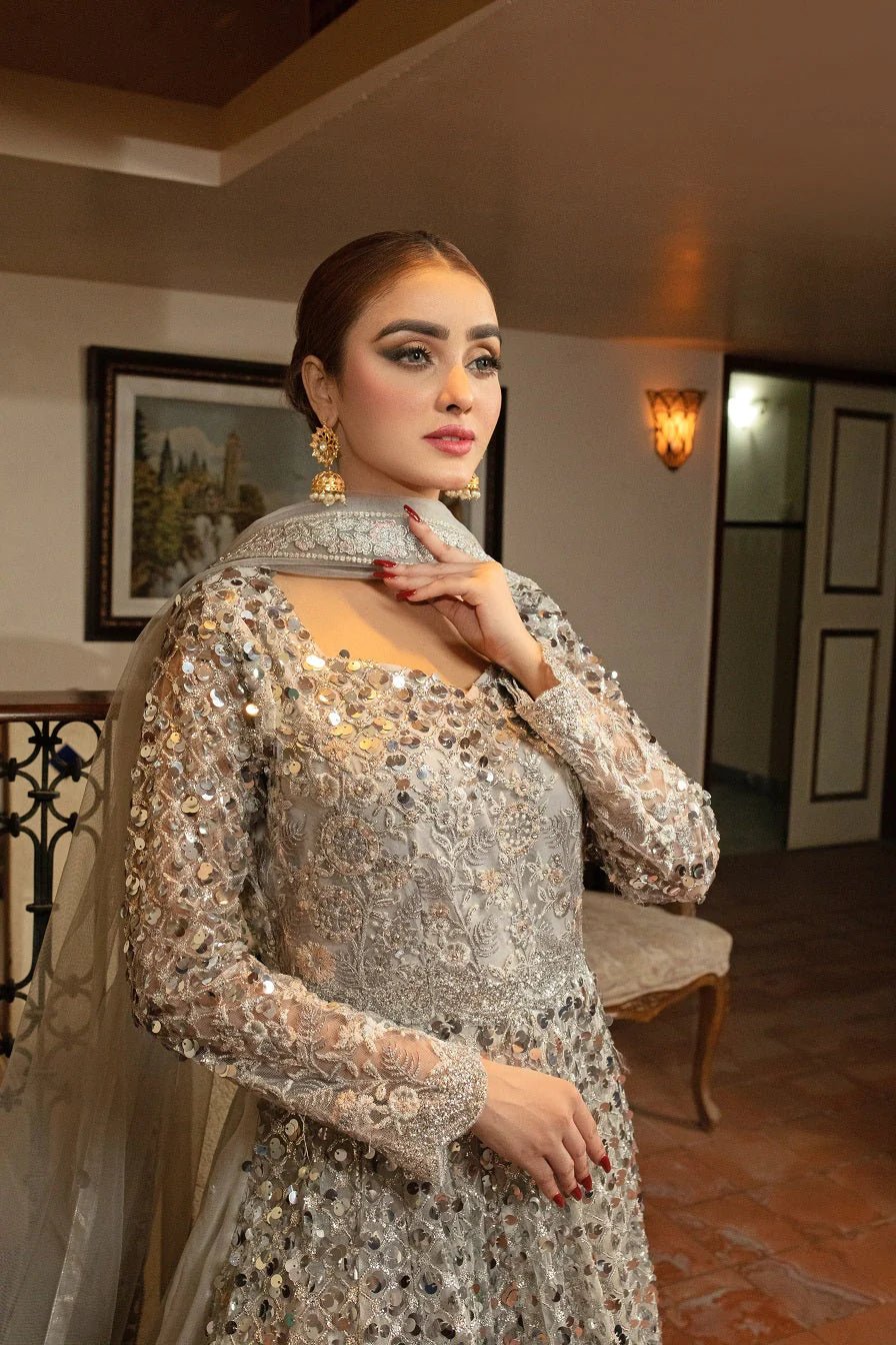 Silver Long Stitched 3Pc Dress