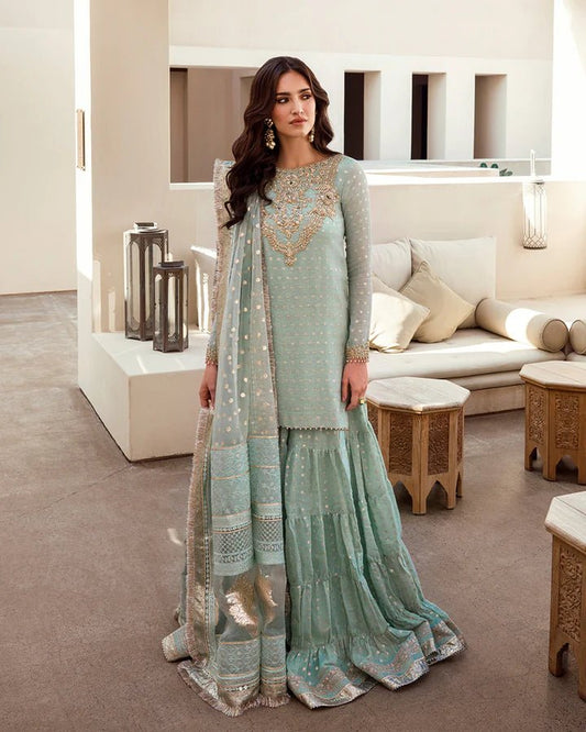 Distinctive Embroidered Gharara With Organza Dupatta