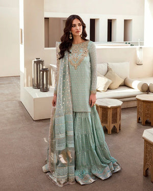Distinctive Embroidered Gharara With Organza Dupatta