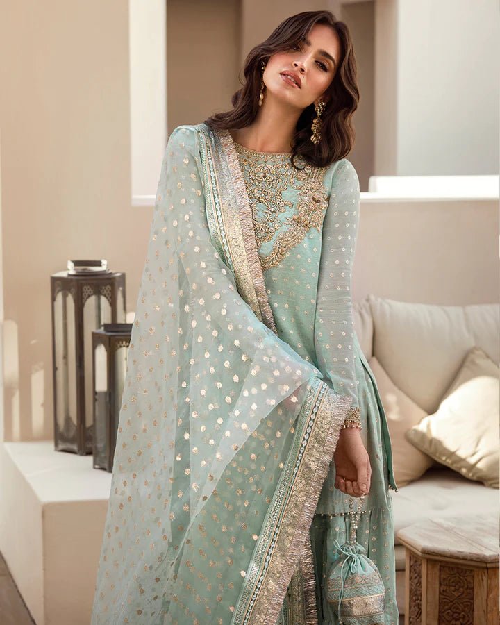 Distinctive Embroidered Gharara With Organza Dupatta