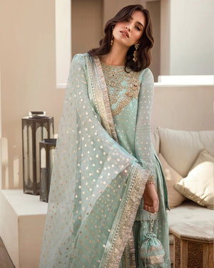 Distinctive Embroidered Gharara With Organza Dupatta