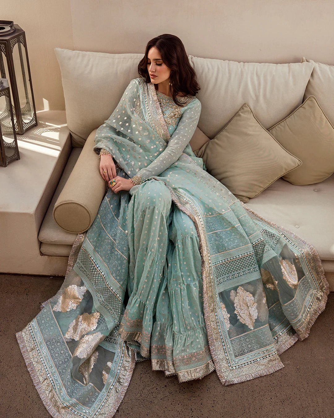 Distinctive Embroidered Gharara With Organza Dupatta