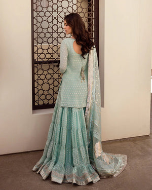 Distinctive Embroidered Gharara With Organza Dupatta